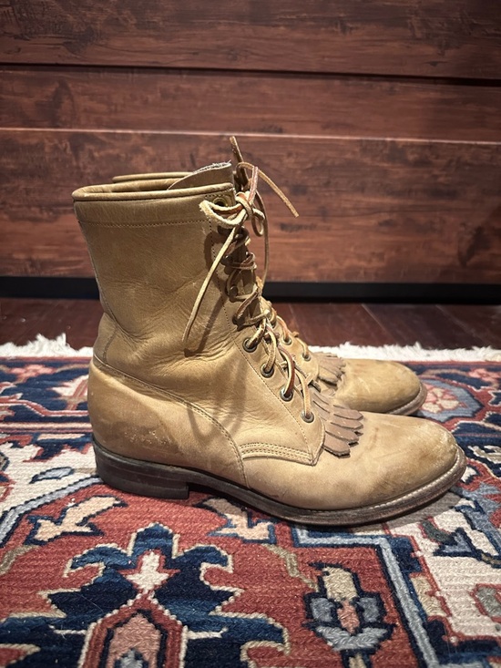 Justin Mens 7.5D Kiltie Boots Roper Lace Up Western Vintage USA Brown Leather main image 7